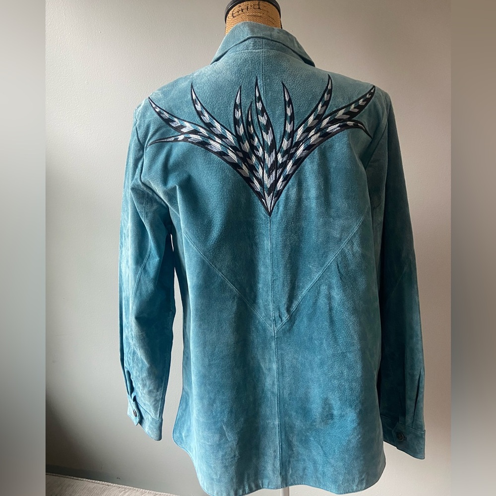 Bob Mackie Wearable Art Sz M Teal Suede Leather Women's Blazer - Picture 3 of 11